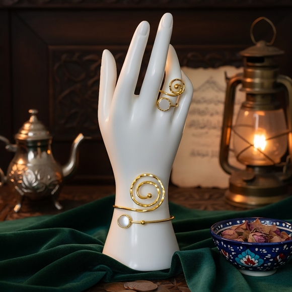 🆕️Stunning Luxurious Turkish Artisan 18K Gold Plated Spiral Ring Bracelet Set - Picture 5 of 9